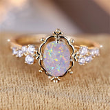 Oval White Fire Opal Flower Ring For Women Vintage Gold Bridal Wedding Jewelry - Gemstone Gold