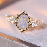 Oval White Fire Opal Flower Ring For Women Vintage Gold Bridal Wedding Jewelry - Gemstone Gold