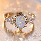 Oval White Fire Opal Flower Ring For Women Vintage Gold Bridal Wedding Jewelry - Gemstone Gold