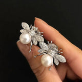 Pearl Bee Stud Earrings Cute Animal Earrings Daily Wear Women Jewelry - Gemstone Gold