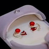 Red Heart Ruby Stud Earrings For Women Girl Wedding Festival Jewelry - Gemstone Gold