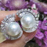Silver Pearl Pierced Earrings Bridal Wedding Jewelry Bright Zircon for Engagement - Gemstone Gold