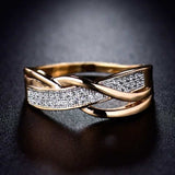 Twisted gold zircon ring for women with round prong-set stones, 14k yellow gold plated, trendy engagement and wedding band