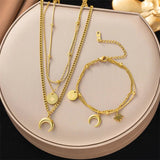 Unique Stars Moon Jewelry Set 18K Gold Chain Women Necklaces Bracelets - Gemstone Gold