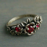 Vintage Bohemian Flower Red Ruby Ring for Women Silver Engagement Jewelry - Genuine - Gemstone