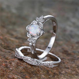 Vintage Fire Opal Flower Ring Set Engagement Wedding Jewelry For Women - Gemstone Gold