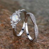 Vintage Fire Opal Flower Ring Set Engagement Wedding Jewelry For Women - Gemstone Gold