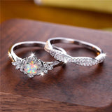 Vintage Fire Opal Flower Ring Set Engagement Wedding Jewelry For Women - Gemstone Gold