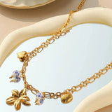 Vintage Flower Porcelain Shell Pendant Necklace Heart Blue Women Jewelry Gift - Gemstone Gold