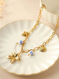 Vintage Flower Porcelain Shell Pendant Necklace Heart Blue Women Jewelry Gift - Gemstone Gold