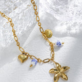 Vintage Flower Porcelain Shell Pendant Necklace Heart Blue Women Jewelry Gift - Gemstone Gold