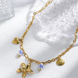 Vintage Flower Porcelain Shell Pendant Necklace Heart Blue Women Jewelry Gift - Gemstone Gold