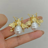 Vintage Golden Bee Pearl Drop Earrings Insect Women Jewelry - Gemstone Gold