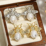 Vintage Golden Bee Pearl Drop Earrings Insect Women Jewelry - Gemstone Gold
