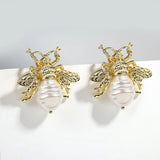 Vintage Golden Bee Pearl Drop Earrings Insect Women Jewelry - Gemstone Gold