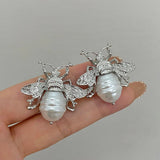 Vintage Golden Bee Pearl Drop Earrings Insect Women Jewelry - Gemstone Gold
