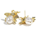 Vintage Golden Bee Pearl Drop Earrings Insect Women Jewelry - Gemstone Gold