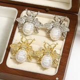 Vintage Golden Bee Pearl Drop Earrings Insect Women Jewelry - Gemstone Gold
