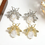 Vintage Golden Bee Pearl Drop Earrings Insect Women Jewelry - Gemstone Gold