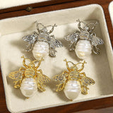 Vintage Golden Bee Pearl Drop Earrings Insect Women Jewelry - Gemstone Gold