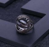 Vintage gothic dark gemstone smoky quartz ring in 925 sterling silver with prong setting and geometric design for women