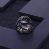 Vintage gothic dark gemstone smoky quartz ring in 925 sterling silver with geometric prong setting for women