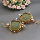 Vintage Green Square Pearl Dangle Earrings For Women Party Birthday Jewelry - Genuine - Gemstone