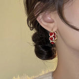 Vintage Red Rose Flower Hoop Earrings For Women Zircon Jewelry Wedding Party - Gemstone Gold