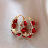 Vintage Red Rose Flower Hoop Earrings For Women Zircon Jewelry Wedding Party - Gemstone Gold