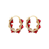 Vintage Red Rose Flower Hoop Earrings For Women Zircon Jewelry Wedding Party - Gemstone Gold
