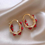 Vintage Red Rose Flower Hoop Earrings For Women Zircon Jewelry Wedding Party - Gemstone Gold