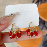 Vintage Red Rose Flower Hoop Earrings For Women Zircon Jewelry Wedding Party - Gemstone Gold