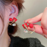 Vintage Red Rose Flower Hoop Earrings For Women Zircon Jewelry Wedding Party - Gemstone Gold