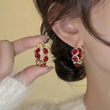 Vintage Red Rose Flower Hoop Earrings For Women Zircon Jewelry Wedding Party - Gemstone Gold