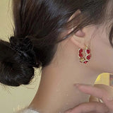 Vintage Red Rose Flower Hoop Earrings For Women Zircon Jewelry Wedding Party - Gemstone Gold
