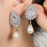 Vintage White Pearl Dangle Earrings for Women Leaf Bridal Wedding Jewelry - Gemstone Gold