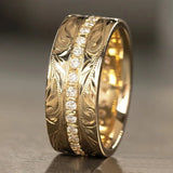 Yellow Gold Carved Pattern Ring Wedding Band Women for Party Jewelry - Genuine - Gemstone