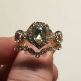 18K rose gold plated classic morganite engagement ring set for women with pear-shaped main stone and diamond accents