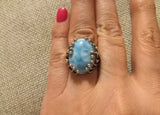 Vintage Natural larimar ring blue gemstone 925 silver Women's fine jewelry