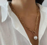 Natural Pearl Water Pendant Necklace Choker Long Link Chain Lariat Gold Jewelry