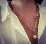 Natural Pearl Water Pendant Necklace Choker Long Link Chain Lariat Gold Jewelry