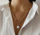 Natural Pearl Water Pendant Necklace Choker Long Link Chain Lariat Gold Jewelry