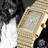 Luxury Diamond Square Watch Women 14K Yellow Gold Analog Quartz