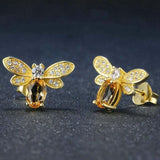 Vintage Citrine Gemstone Stud Earrings Bee 925 Sterling Silver Fine Jewelry