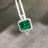 Natural green emerald gemstone ring in 925 sterling silver with rectangular prong setting and diamond accents for women princess jewelry