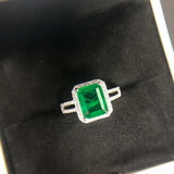Natural green emerald rectangular gemstone ring in 925 sterling silver with prong setting for women princess jewelry