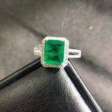 Natural green emerald ring with rectangular stone set in 925 sterling silver princess wedding band