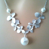 Gray Leaf Flower Jewelry Set Silver Choker Necklace Dangle Earrings