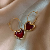 Vintage Red Heart Hook Earrings for Women Gold Hanging Dangle Jewelry