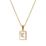 Square Natural Shell Initial Letters Pendant Chain Necklace 18K Golden Jewelry